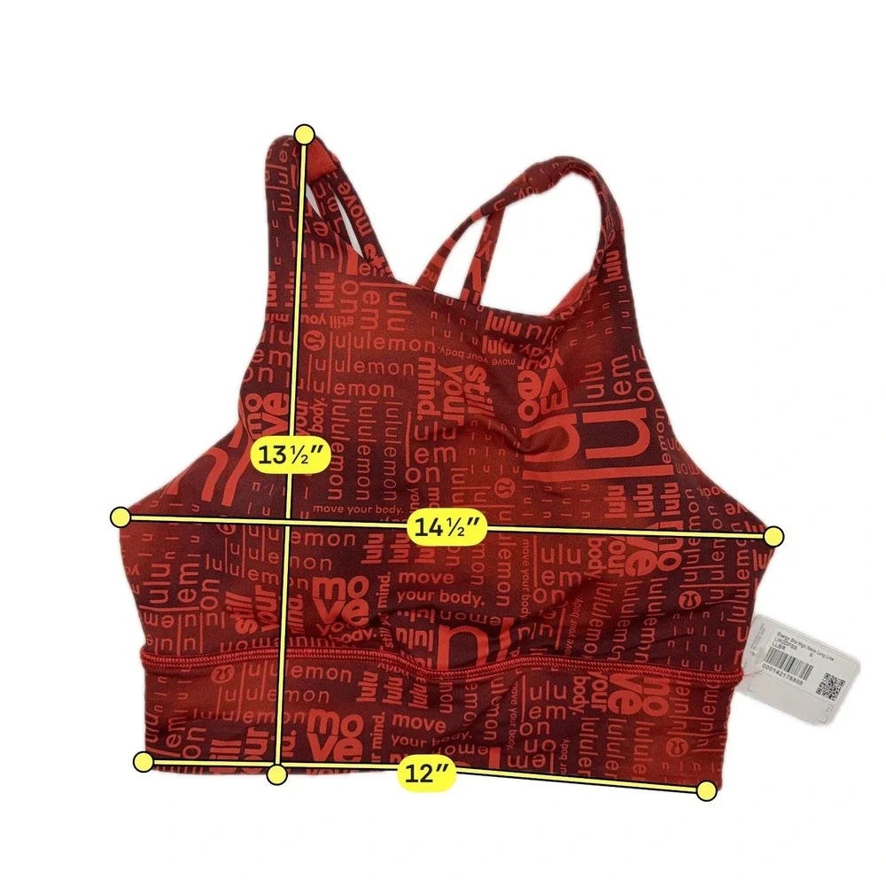 Lululemon Energy Bra High Neck Long Line Women 6 Red Logo Print Yoga Pilates C/D